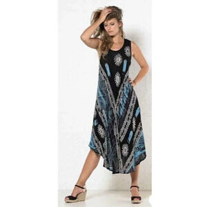 Coline‎ Sleeveless Circle Dress Batik Blue White Black Sleeveless One Size Rayon